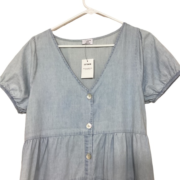 Cottonon Chambray Woven Tawni Tiered Babydoll Mini Dress Size Small Light wash - Picture 6 of 8
